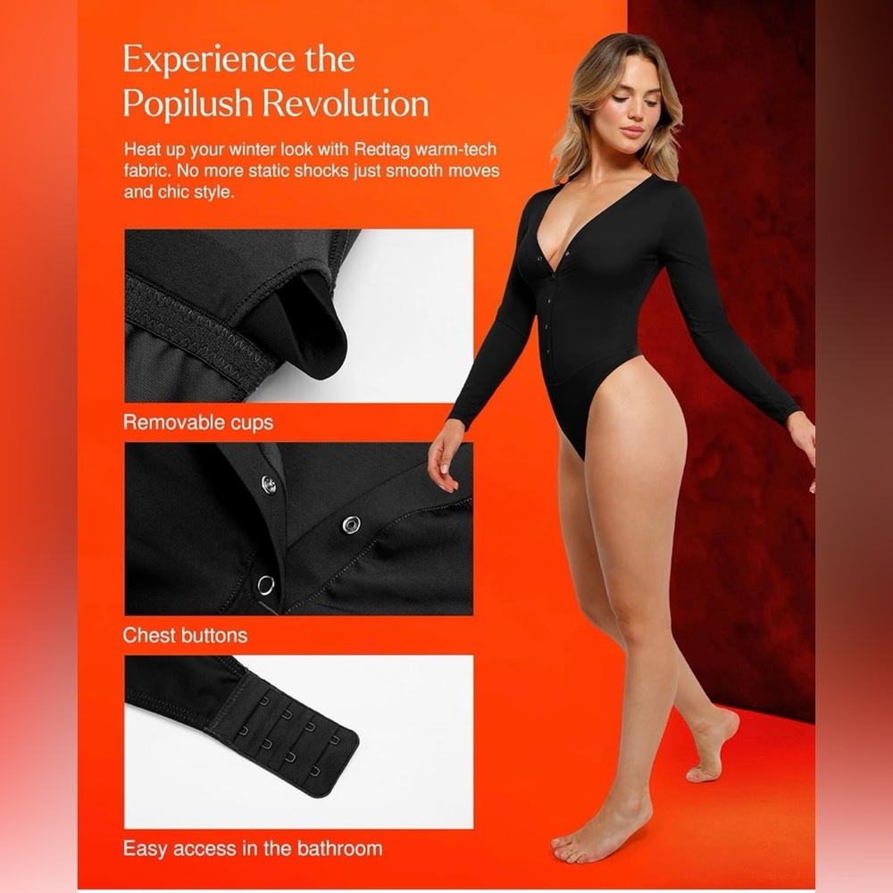 Popilush Long Sleeve Henley Bodysuit Tummy Control Shapewear RedTag - Picture 5 of 8